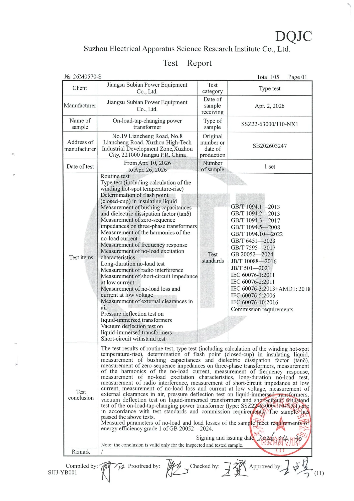 Example English transformer type test report